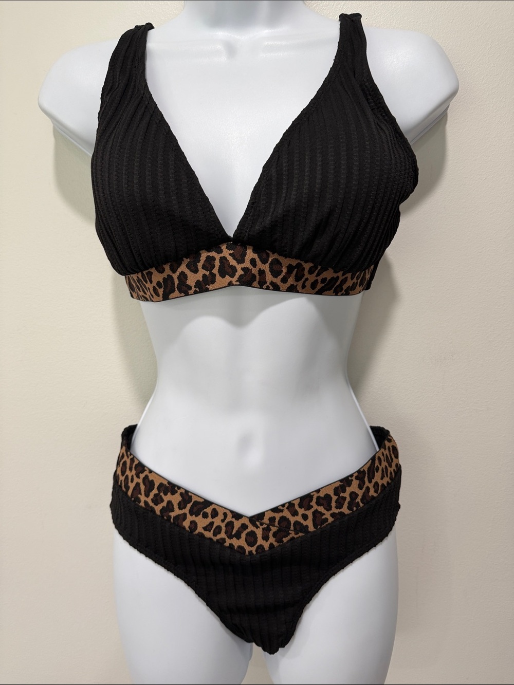 Black Ribbed Bikini with Leopard Trim - Women Swim